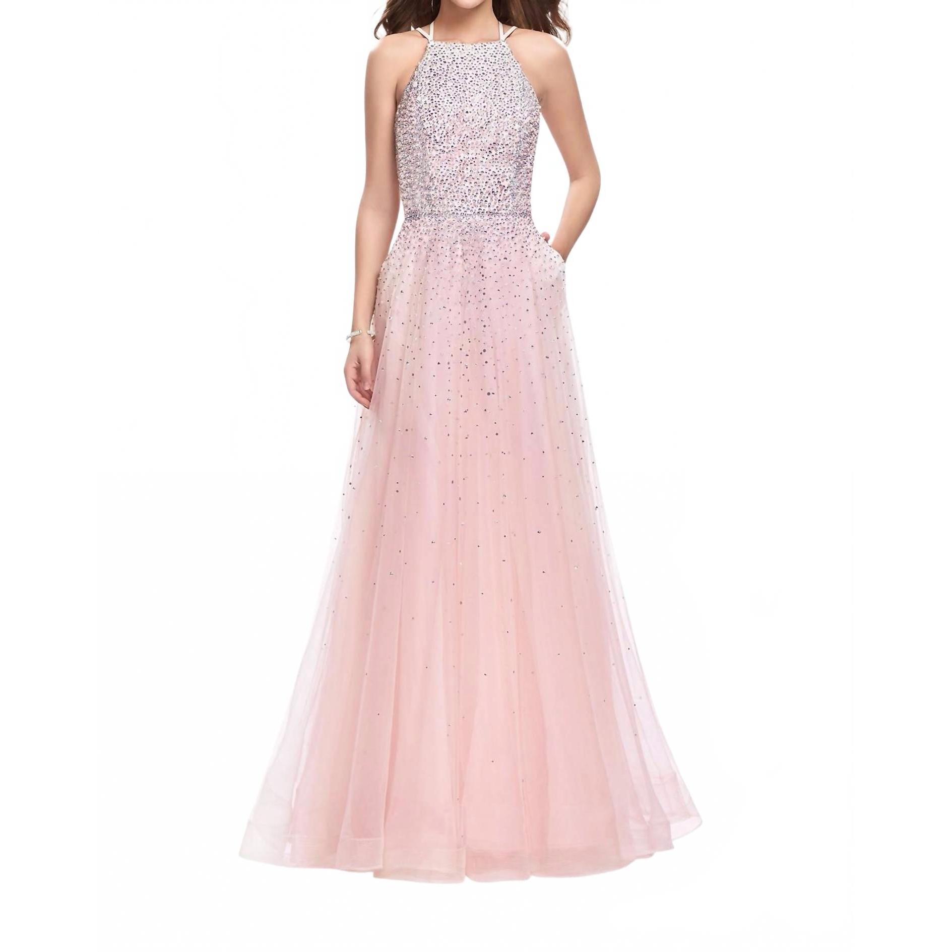 New La Femme Metallic Beading Cascading Prom Dress In Blush